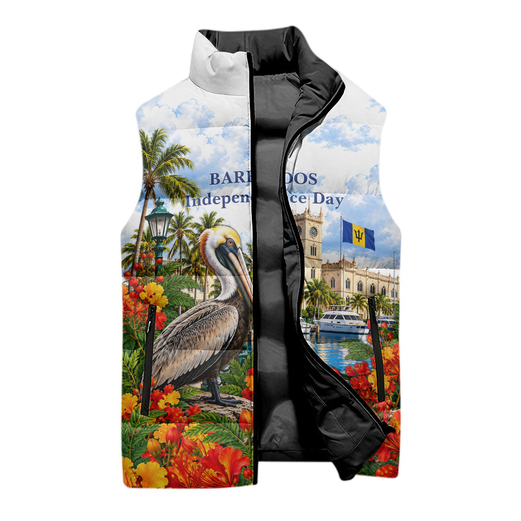 Barbados Independence Day Pelican Sleeveless Puffer Jacket Patriotic Tropical Island Scenery And Exotic Flowers