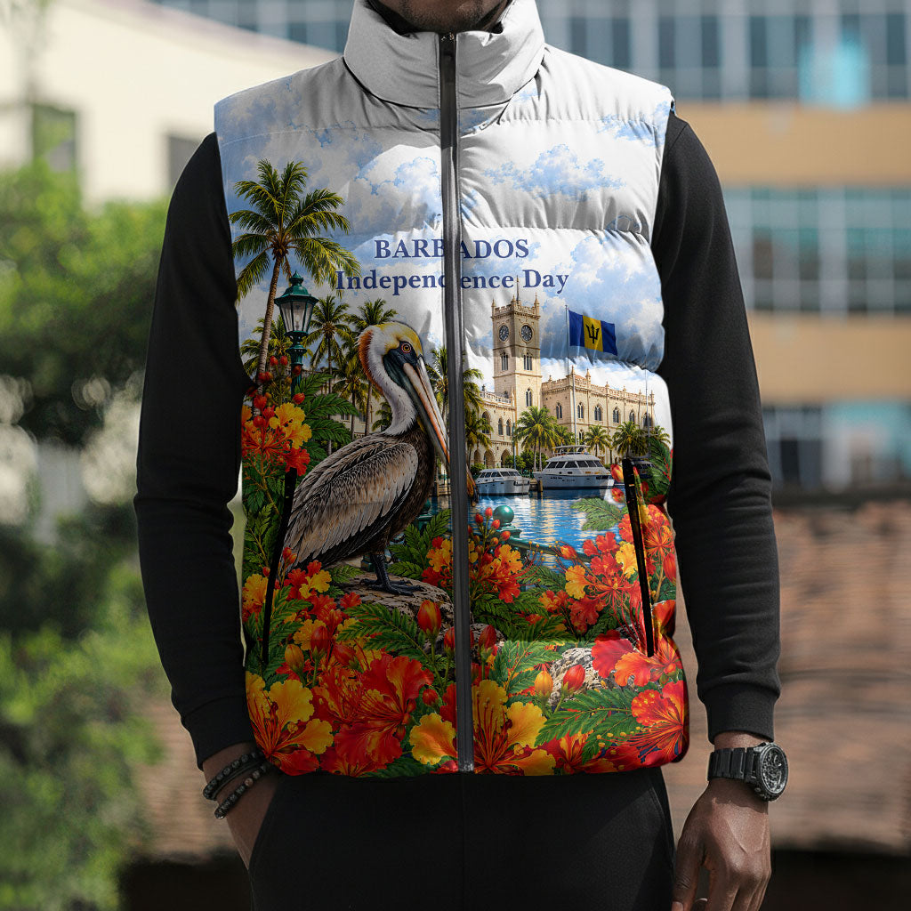 Barbados Independence Day Pelican Sleeveless Puffer Jacket Patriotic Tropical Island Scenery And Exotic Flowers