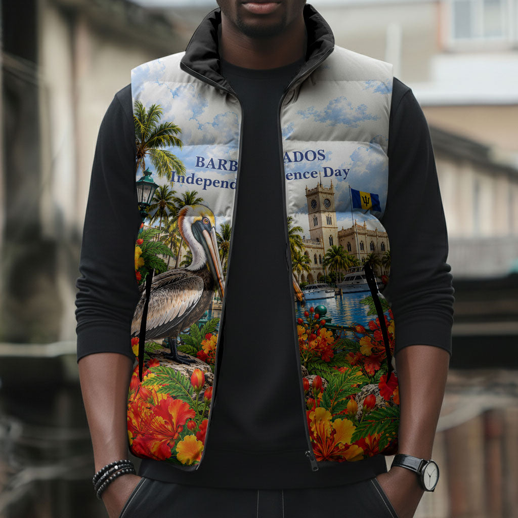 Barbados Independence Day Pelican Sleeveless Puffer Jacket Patriotic Tropical Island Scenery And Exotic Flowers