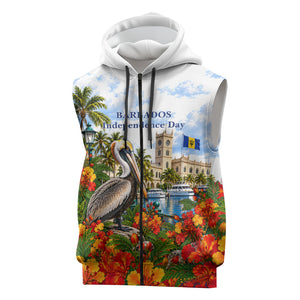 Barbados Independence Day Pelican Sleeveless Zip Hoodie Patriotic Tropical Island Scenery And Exotic Flowers
