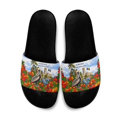 Barbados Independence Day Pelican Slide Sandals Patriotic Tropical Island Scenery And Exotic Flowers