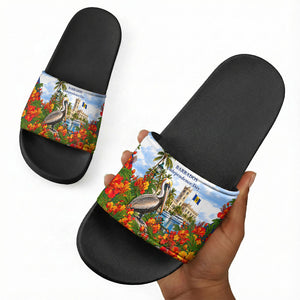 Barbados Independence Day Pelican Slide Sandals Patriotic Tropical Island Scenery And Exotic Flowers