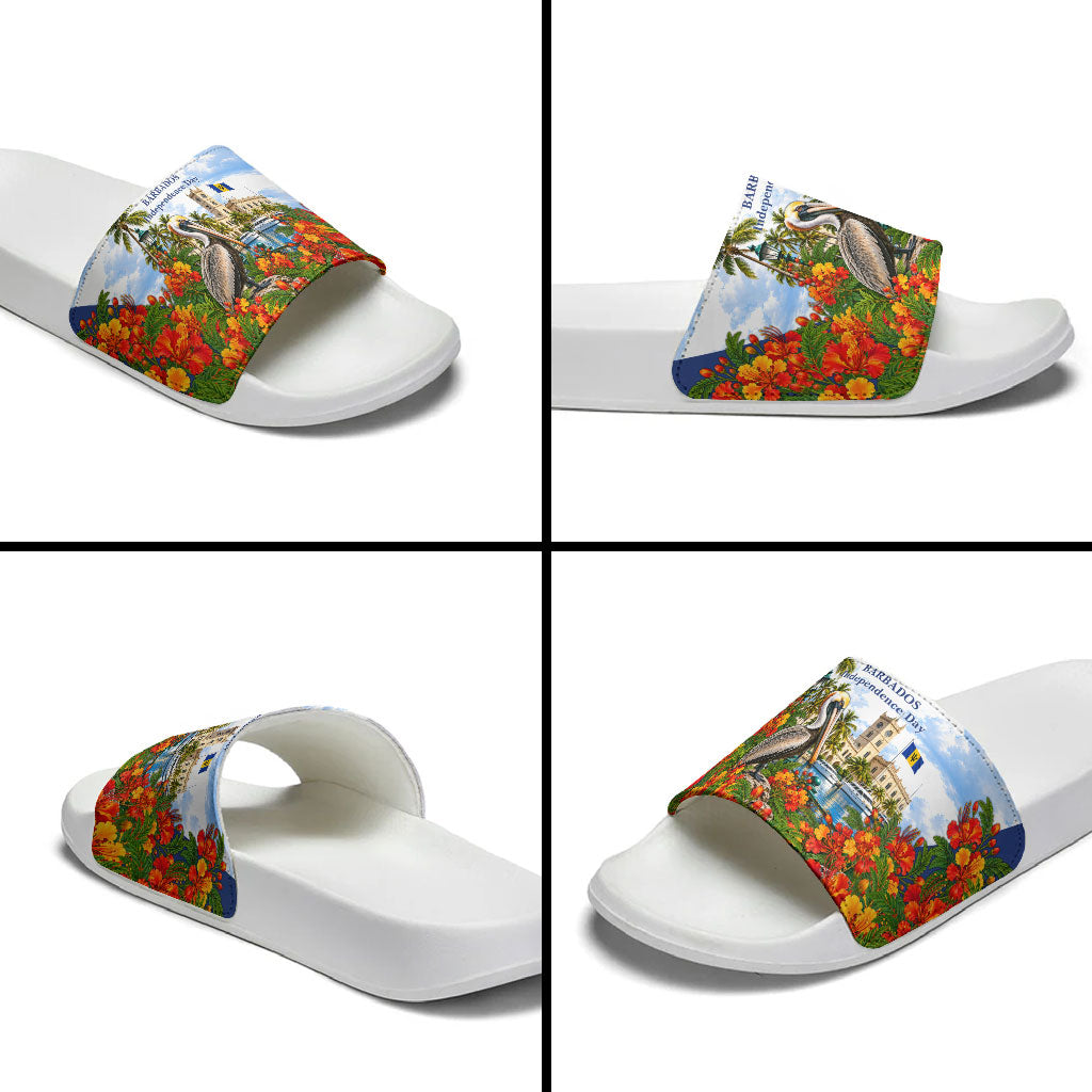 Barbados Independence Day Pelican Slide Sandals Patriotic Tropical Island Scenery And Exotic Flowers