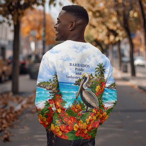 Barbados Independence Day Pelican Sweatshirt Patriotic Tropical Island Scenery And Exotic Flowers