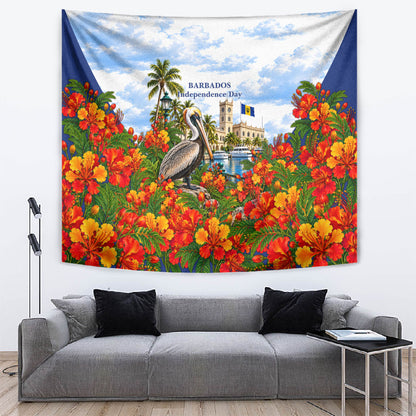 Barbados Independence Day Pelican Tapestry Patriotic Tropical Island Scenery And Exotic Flowers