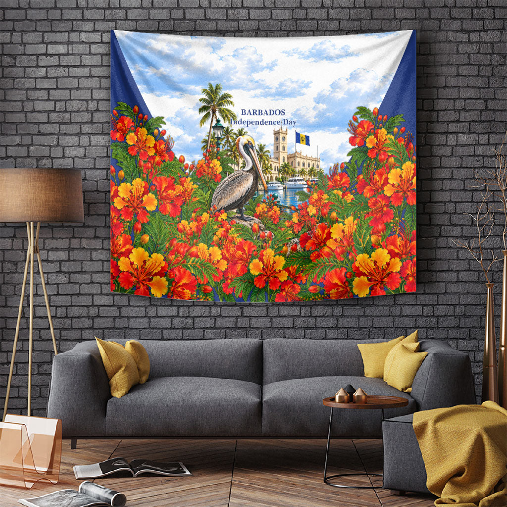 Barbados Independence Day Pelican Tapestry Patriotic Tropical Island Scenery And Exotic Flowers