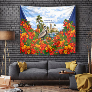 Barbados Independence Day Pelican Tapestry Patriotic Tropical Island Scenery And Exotic Flowers
