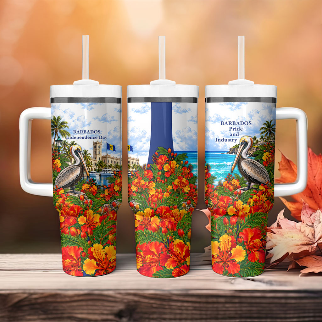 Barbados Independence Day Pelican Tumbler With Handle Patriotic Tropical Island Scenery And Exotic Flowers