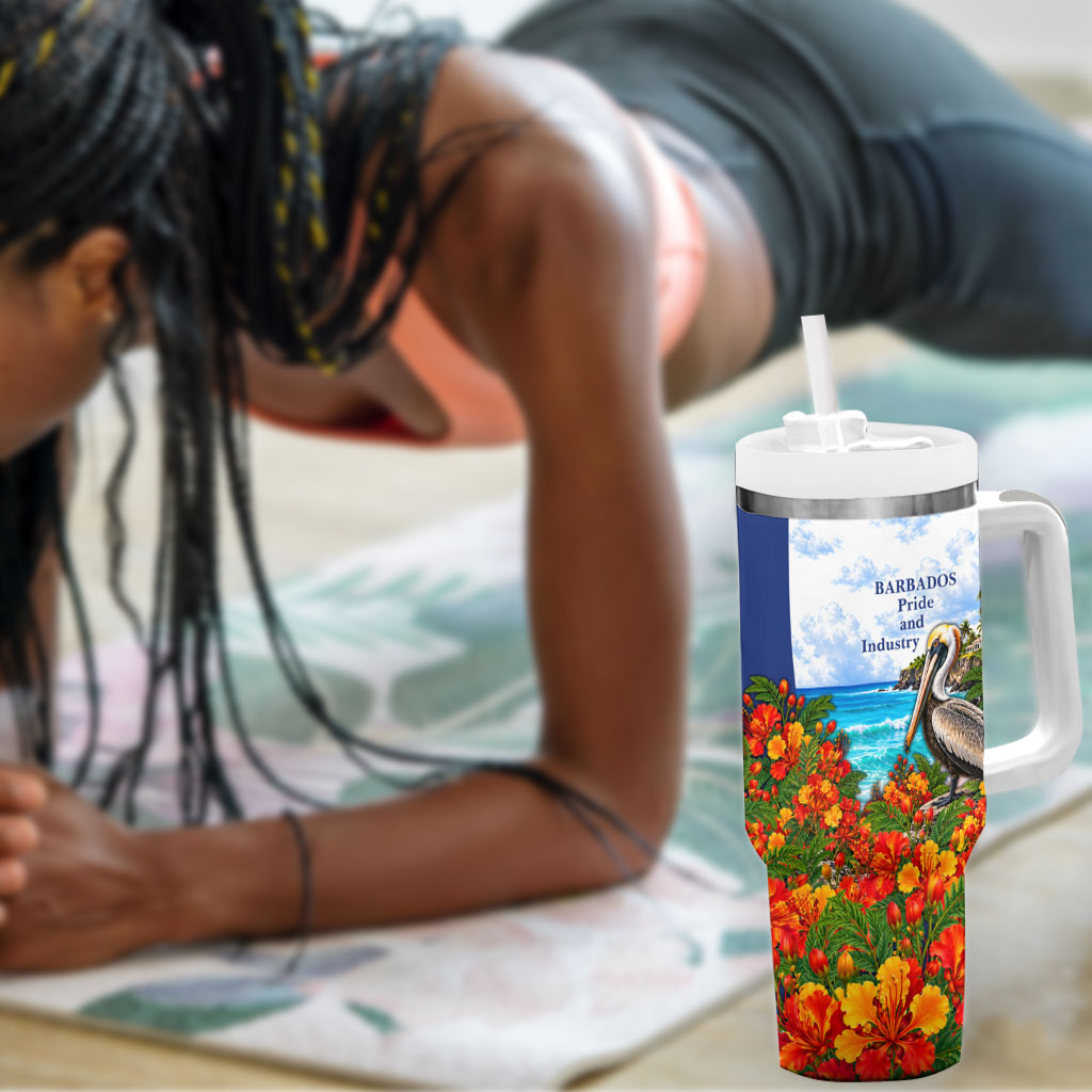 Barbados Independence Day Pelican Tumbler With Handle Patriotic Tropical Island Scenery And Exotic Flowers