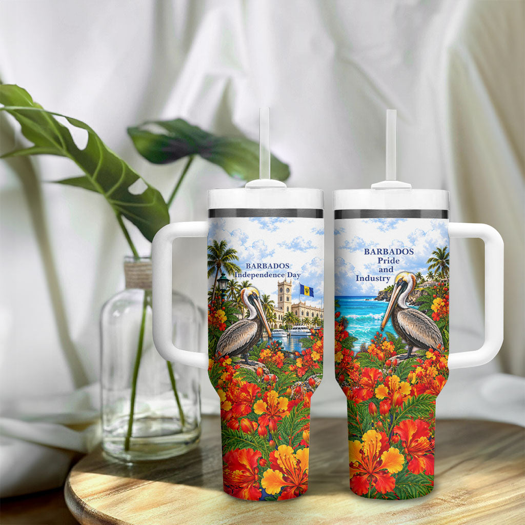 Barbados Independence Day Pelican Tumbler With Handle Patriotic Tropical Island Scenery And Exotic Flowers