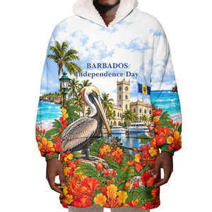 Barbados Independence Day Pelican Wearable Blanket Hoodie Patriotic Tropical Island Scenery And Exotic Flowers