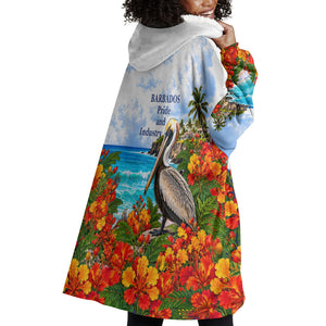 Barbados Independence Day Pelican Wearable Blanket Hoodie Patriotic Tropical Island Scenery And Exotic Flowers