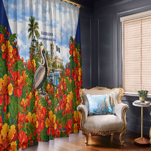 Barbados Independence Day Pelican Window Curtain Patriotic Tropical Island Scenery And Exotic Flowers