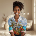 Barbados Independence Day Pelican Women Casual Shirt Patriotic Tropical Island Scenery And Exotic Flowers