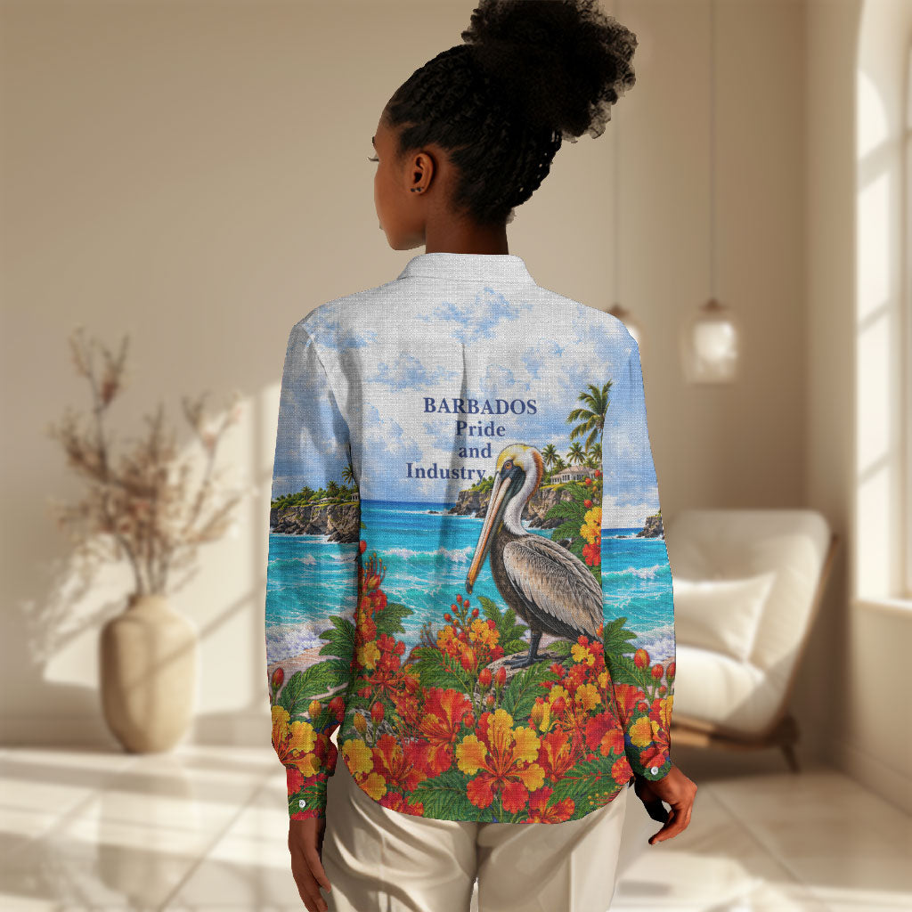 Barbados Independence Day Pelican Women Casual Shirt Patriotic Tropical Island Scenery And Exotic Flowers
