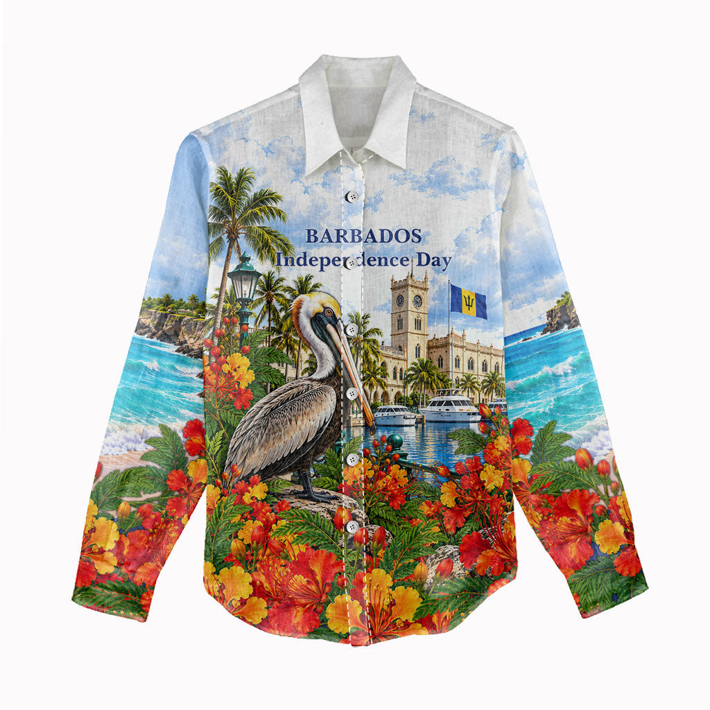 Barbados Independence Day Pelican Women Casual Shirt Patriotic Tropical Island Scenery And Exotic Flowers