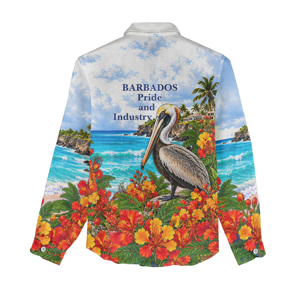Barbados Independence Day Pelican Women Casual Shirt Patriotic Tropical Island Scenery And Exotic Flowers