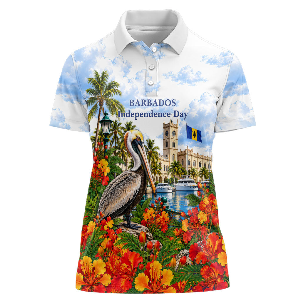 Barbados Independence Day Pelican Women Polo Shirt Patriotic Tropical Island Scenery And Exotic Flowers