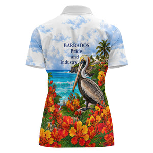 Barbados Independence Day Pelican Women Polo Shirt Patriotic Tropical Island Scenery And Exotic Flowers
