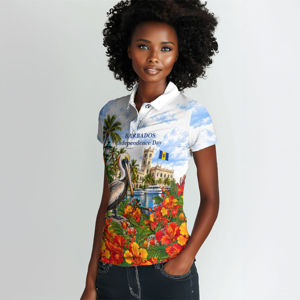 Barbados Independence Day Pelican Women Polo Shirt Patriotic Tropical Island Scenery And Exotic Flowers