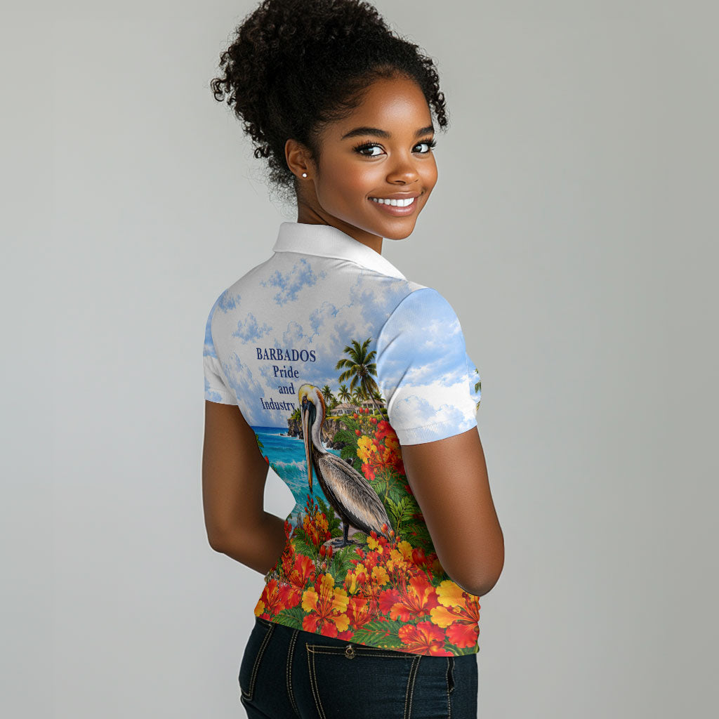 Barbados Independence Day Pelican Women Polo Shirt Patriotic Tropical Island Scenery And Exotic Flowers