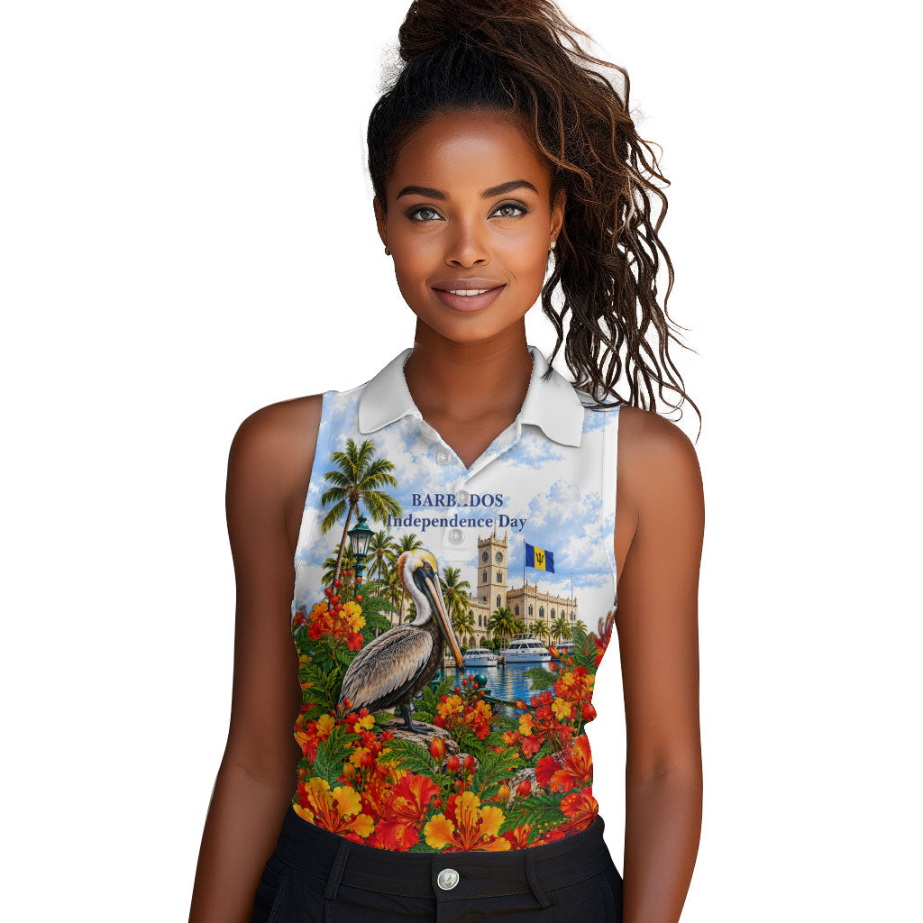 Barbados Independence Day Pelican Women Sleeveless Polo Shirt Patriotic Tropical Island Scenery And Exotic Flowers