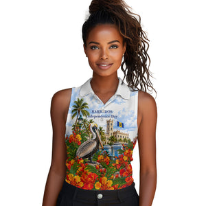Barbados Independence Day Pelican Women Sleeveless Polo Shirt Patriotic Tropical Island Scenery And Exotic Flowers