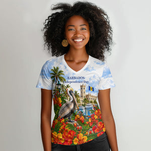 Barbados Independence Day Pelican Women V-Neck T-Shirt Patriotic Tropical Island Scenery And Exotic Flowers