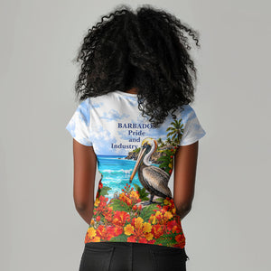 Barbados Independence Day Pelican Women V-Neck T-Shirt Patriotic Tropical Island Scenery And Exotic Flowers