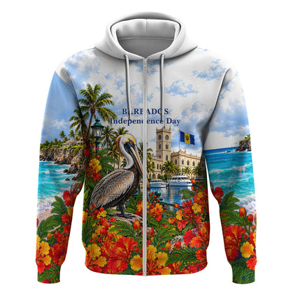Barbados Independence Day Pelican Zip Hoodie Patriotic Tropical Island Scenery And Exotic Flowers
