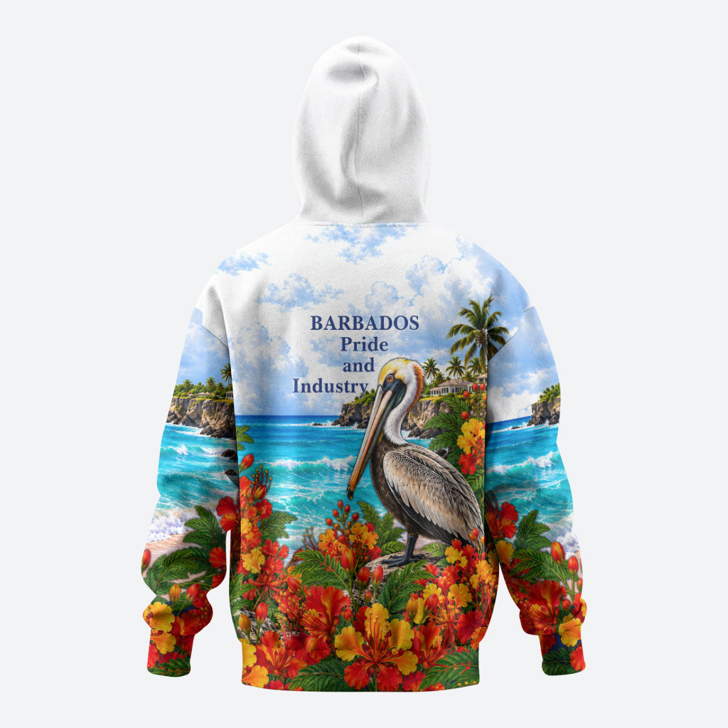 Barbados Independence Day Pelican Zip Hoodie Patriotic Tropical Island Scenery And Exotic Flowers
