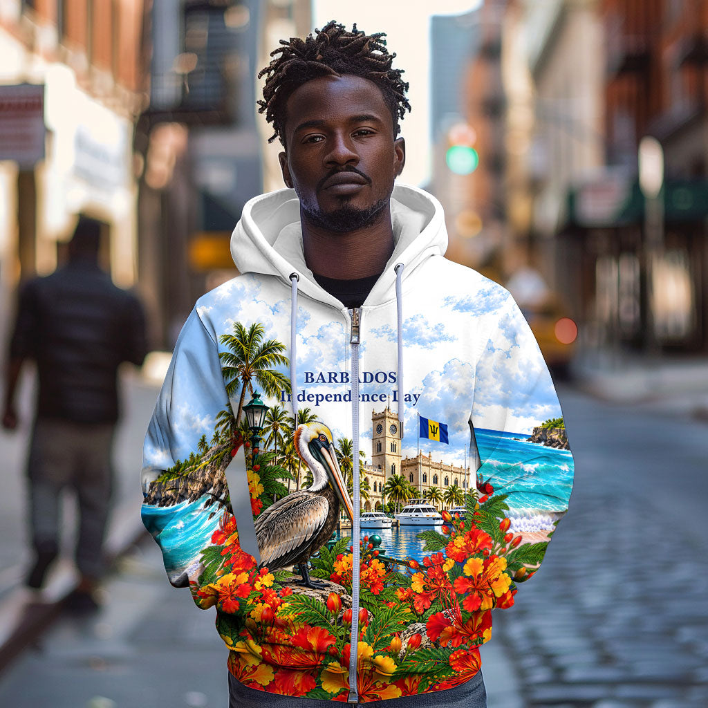Barbados Independence Day Pelican Zip Hoodie Patriotic Tropical Island Scenery And Exotic Flowers