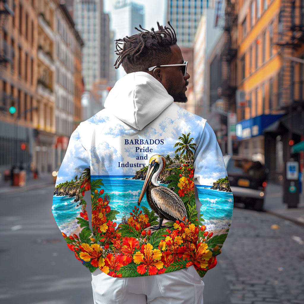Barbados Independence Day Pelican Zip Hoodie Patriotic Tropical Island Scenery And Exotic Flowers