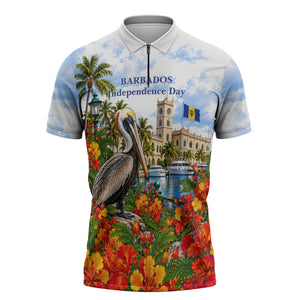 Barbados Independence Day Pelican Zipper Polo Shirt Patriotic Tropical Island Scenery And Exotic Flowers