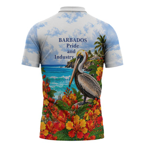 Barbados Independence Day Pelican Zipper Polo Shirt Patriotic Tropical Island Scenery And Exotic Flowers