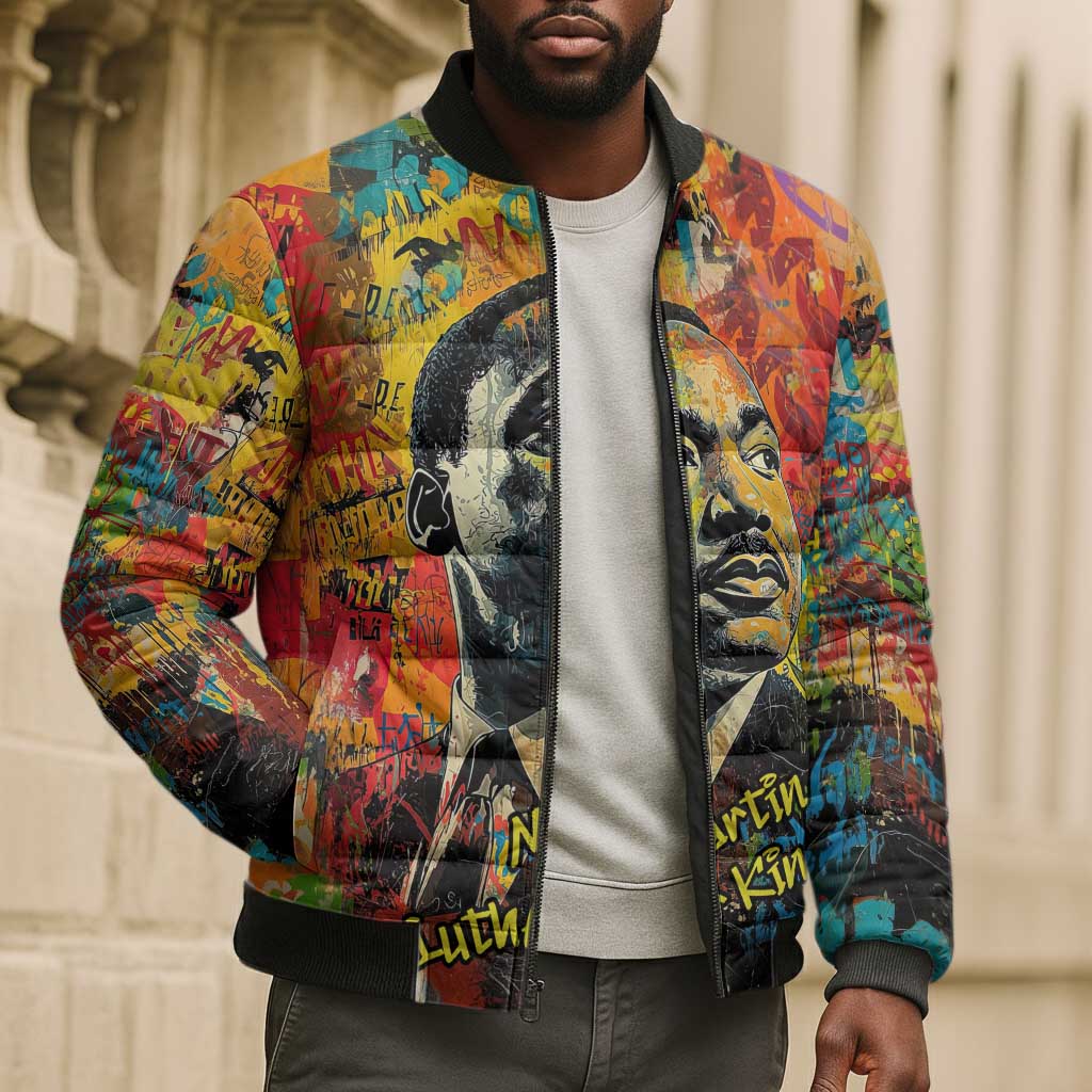 Martin Luther King Jr Bomber Puffer Jacket Colorful Street Art Portrait Black History Graffiti Style - African Pride
