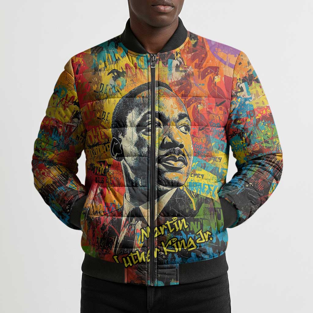 Martin Luther King Jr Bomber Puffer Jacket Colorful Street Art Portrait Black History Graffiti Style - African Pride