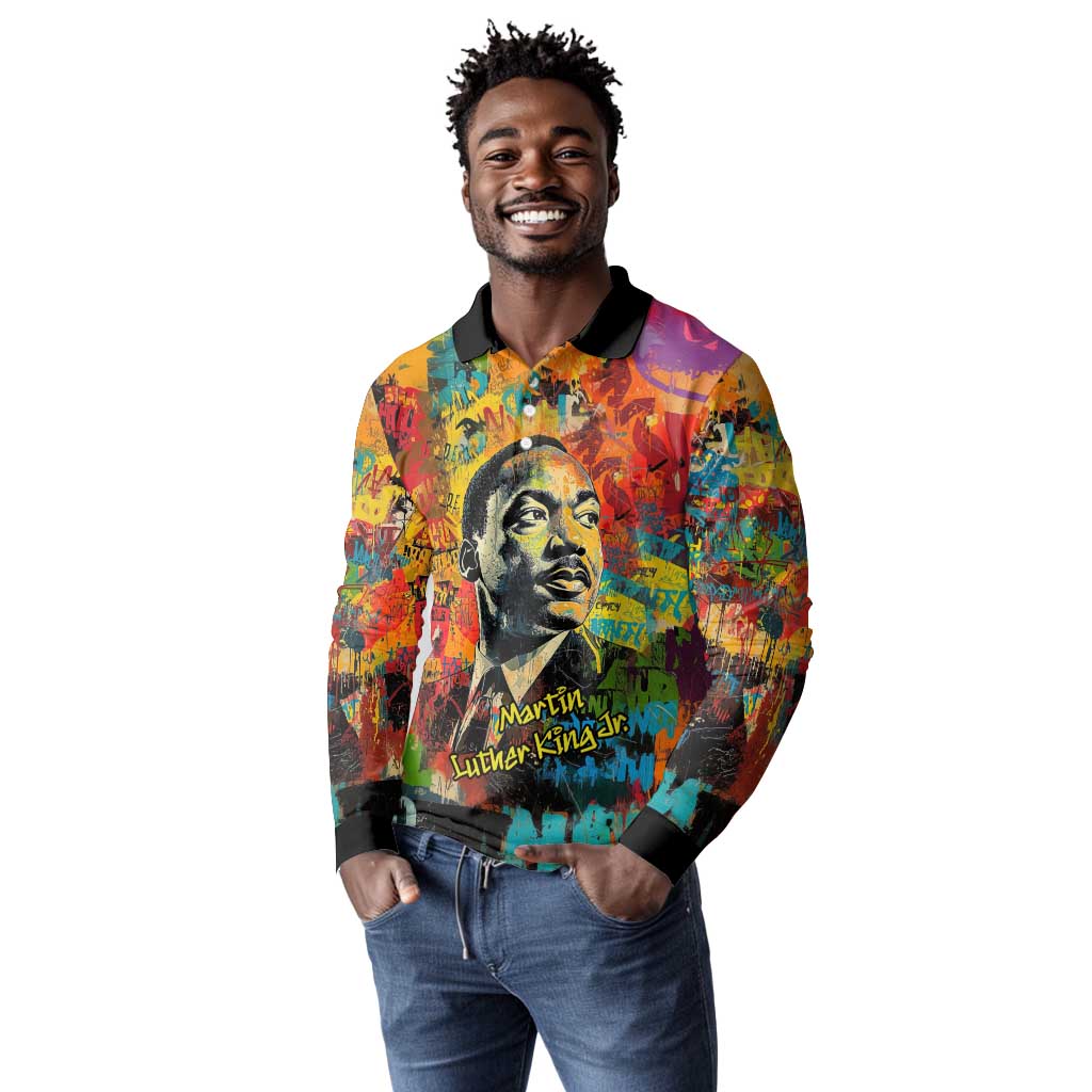 Martin Luther King Jr Long Sleeve Polo Shirt Colorful Street Art Portrait Black History Graffiti Style - African Pride