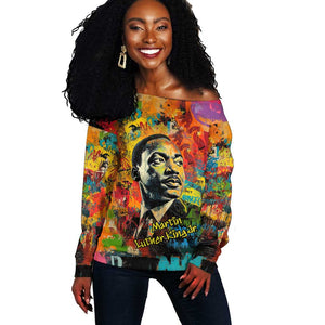 Martin Luther King Jr Off Shoulder Sweater Colorful Street Art Portrait Black History Graffiti Style - African Pride
