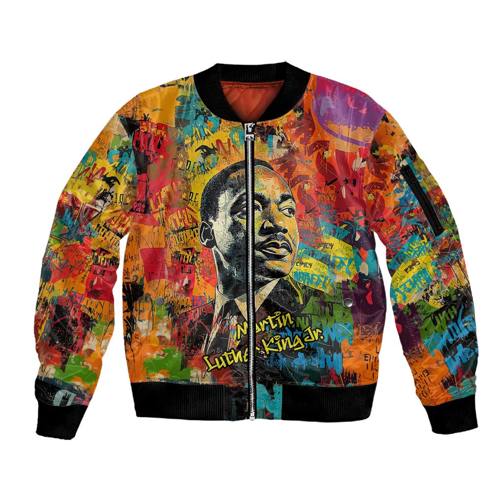Martin Luther King Jr Sleeve Zip Bomber Jacket Colorful Street Art Portrait Black History Graffiti Style - African Pride