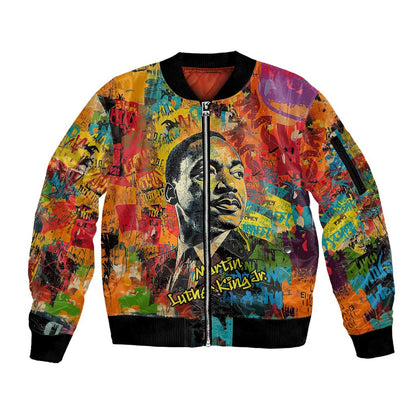 Martin Luther King Jr Sleeve Zip Bomber Jacket Colorful Street Art Portrait Black History Graffiti Style - African Pride