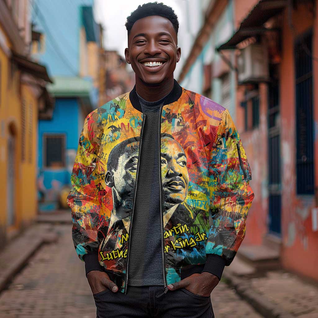 Martin Luther King Jr Sleeve Zip Bomber Jacket Colorful Street Art Portrait Black History Graffiti Style - African Pride