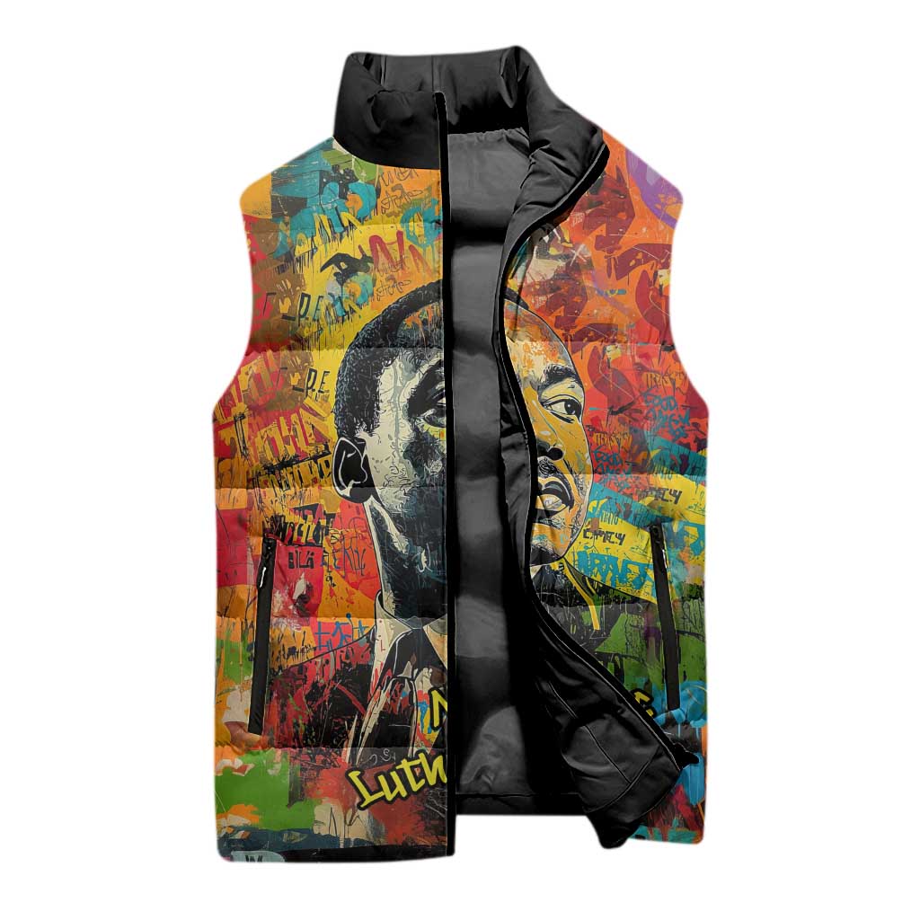 Martin Luther King Jr Sleeveless Puffer Jacket Colorful Street Art Portrait Black History Graffiti Style - African Pride