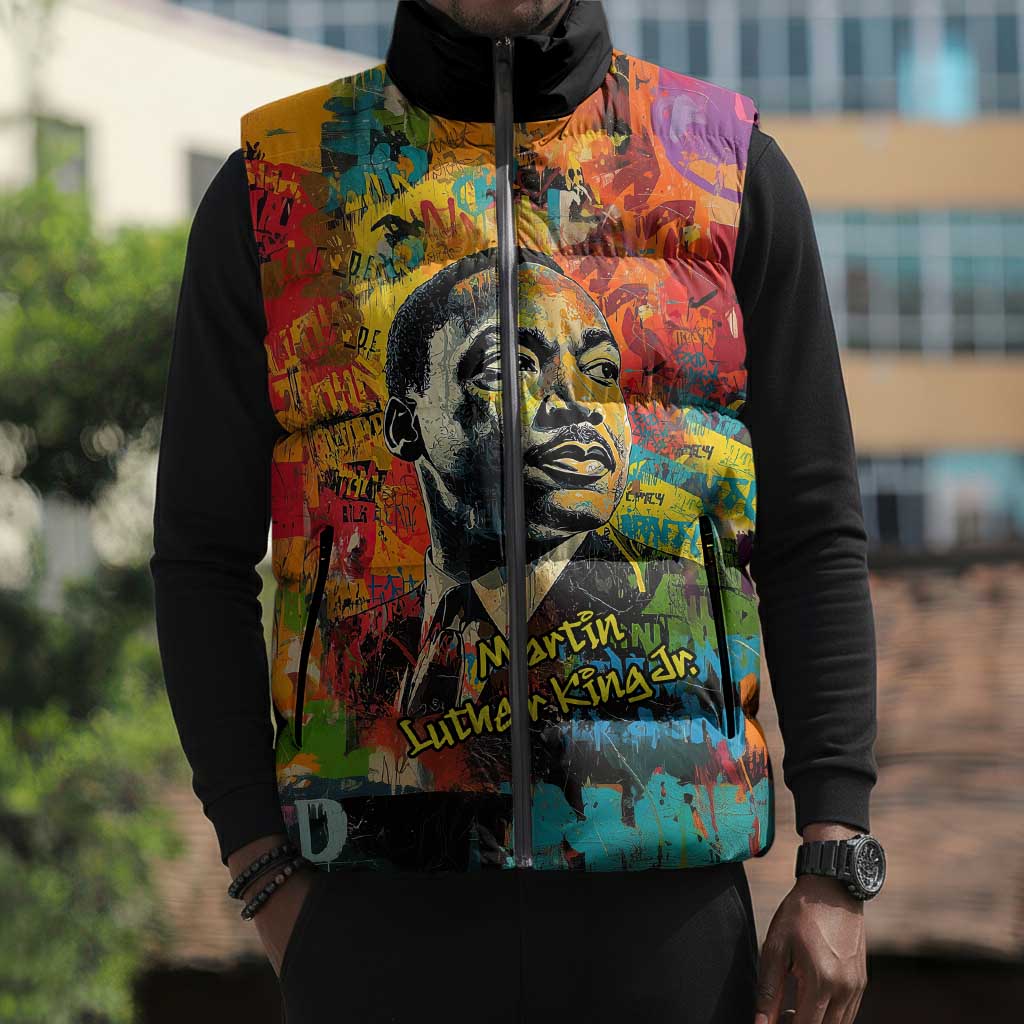 Martin Luther King Jr Sleeveless Puffer Jacket Colorful Street Art Portrait Black History Graffiti Style - African Pride