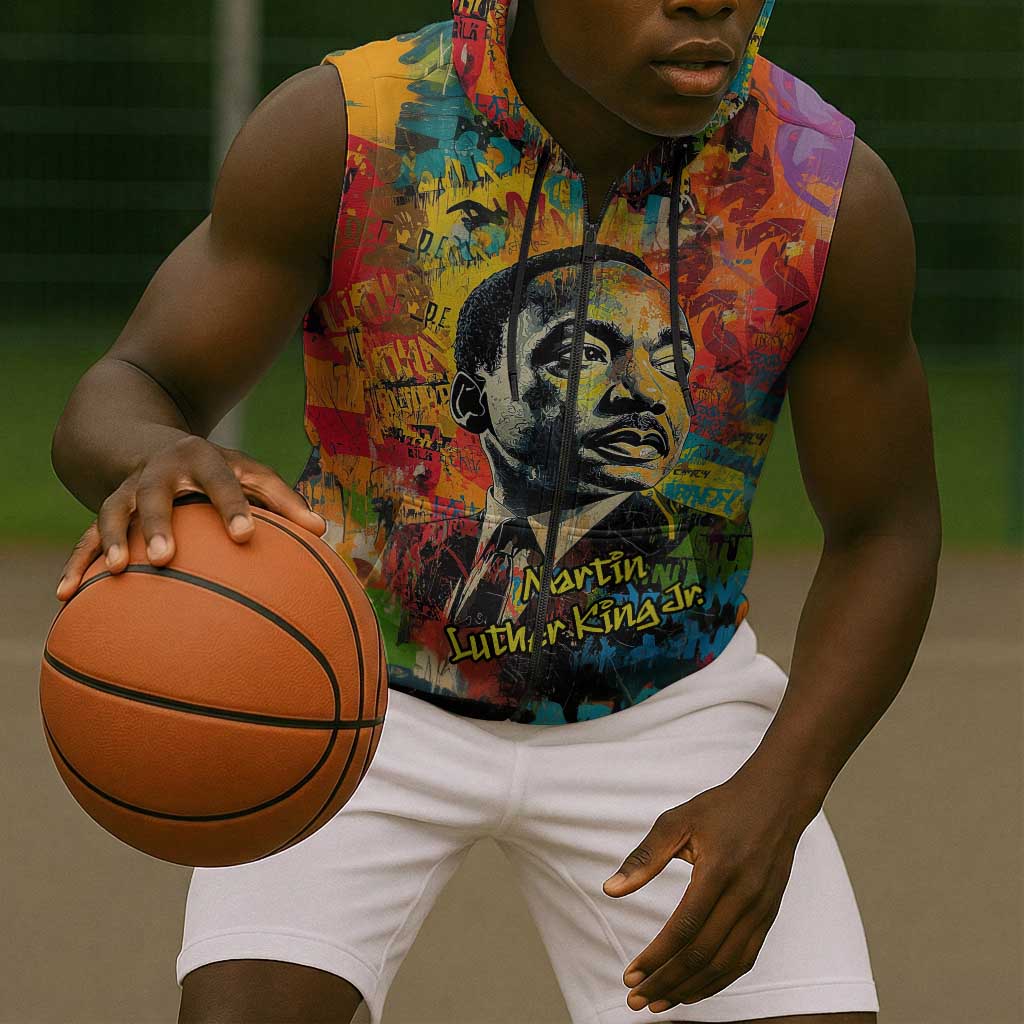 Martin Luther King Jr Sleeveless Zip Hoodie Colorful Street Art Portrait Black History Graffiti Style - African Pride