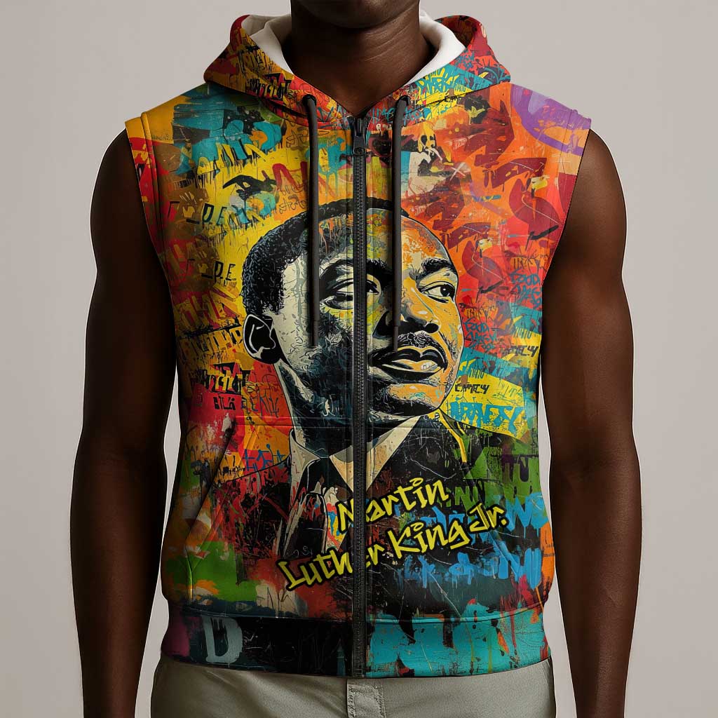 Martin Luther King Jr Sleeveless Zip Hoodie Colorful Street Art Portrait Black History Graffiti Style - African Pride