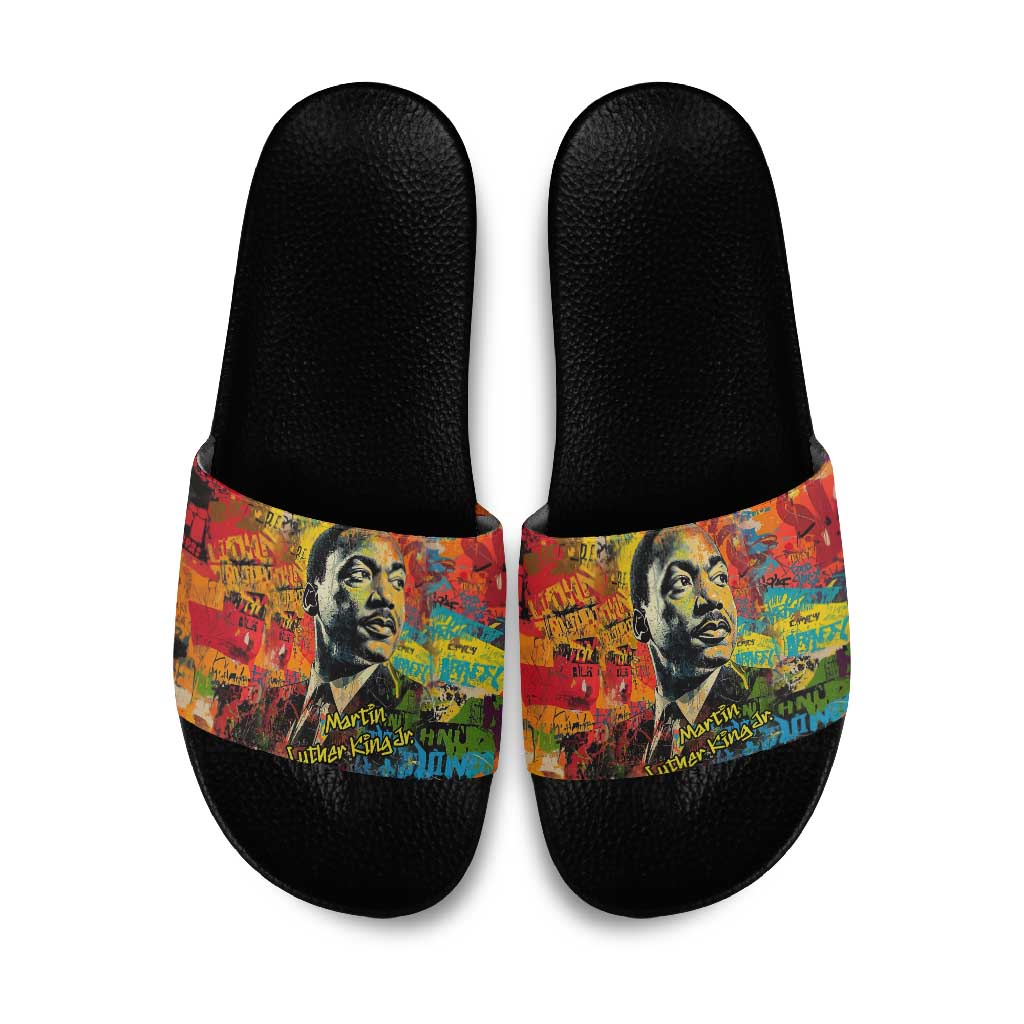 Martin Luther King Jr Slide Sandals Colorful Street Art Portrait Black History Graffiti Style - African Pride