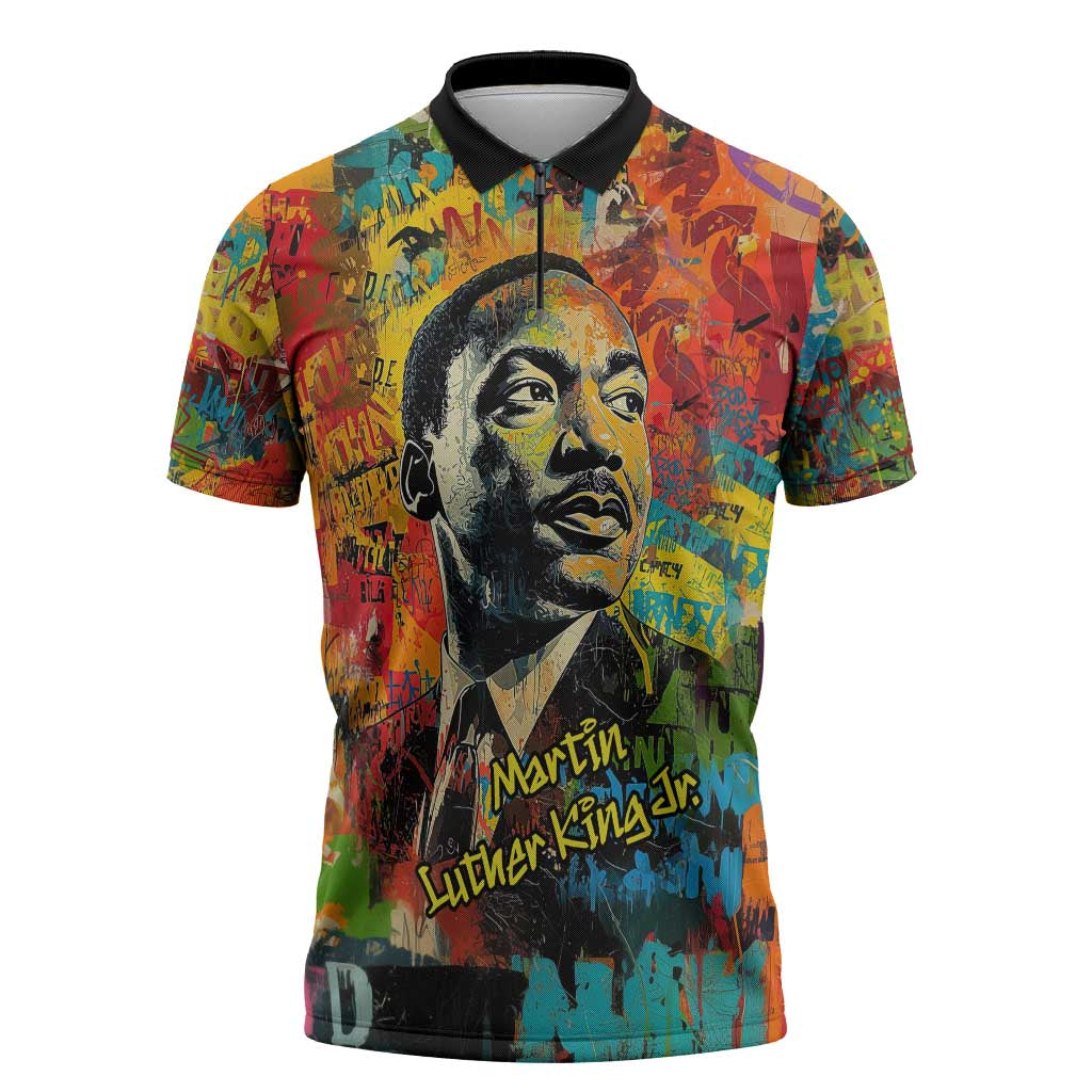 Martin Luther King Jr Zipper Polo Shirt Colorful Street Art Portrait Black History Graffiti Style - African Pride