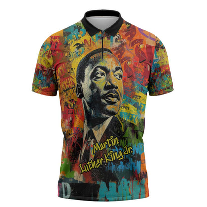 Martin Luther King Jr Zipper Polo Shirt Colorful Street Art Portrait Black History Graffiti Style - African Pride