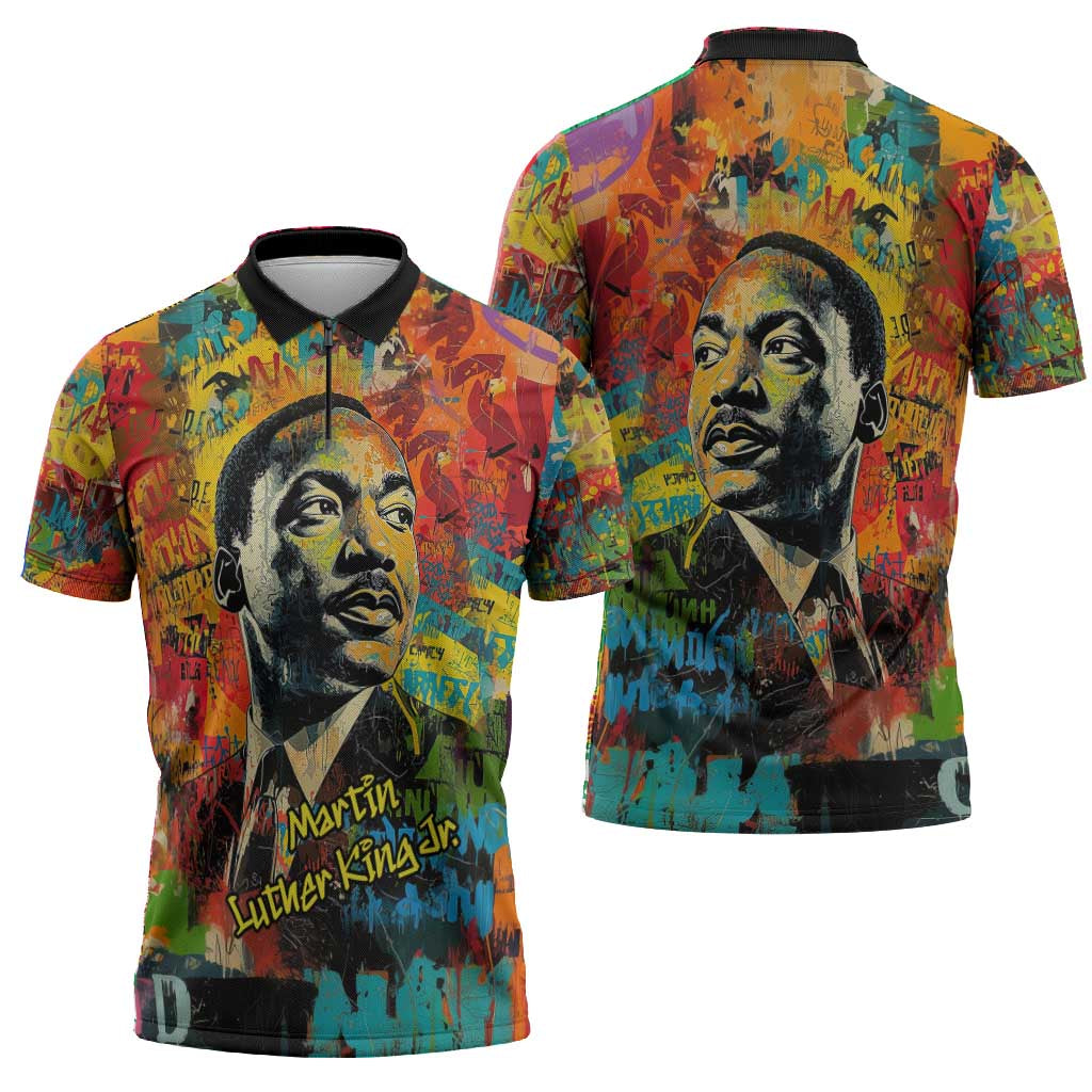 Martin Luther King Jr Zipper Polo Shirt Colorful Street Art Portrait Black History Graffiti Style - African Pride